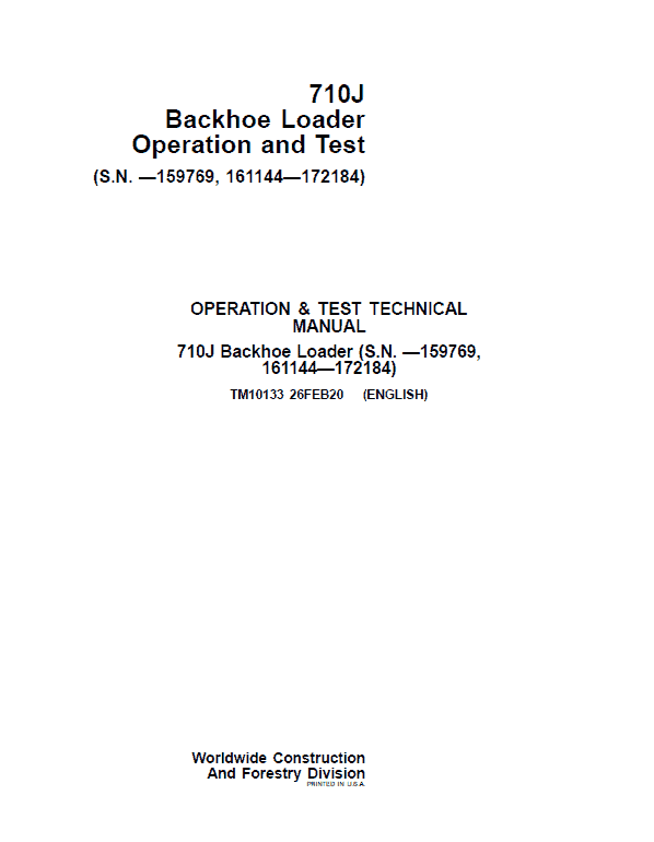 John Deere 710J Backhoe Loader Technical Manual (S.N before – 159769 & 161144 – 172184 ) Workshop Guide