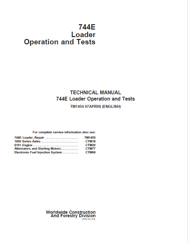 John Deere 744E Loader Repair Technical Manual Workshop Guide