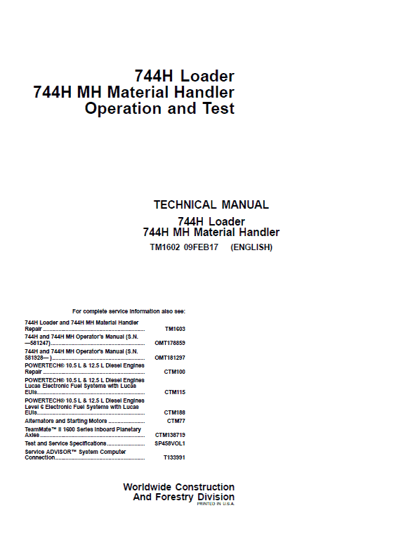 John Deere 744H and 744H MH Loader Repair Technical Manual Workshop Guide