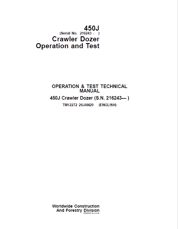 John Deere 450J Crawler Dozer Technical Manual (SN. from 216243) Workshop Guide