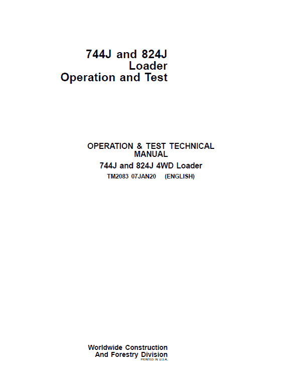 John Deere 744J, 824J 4WD Loader Repair Technical Manual Workshop Guide