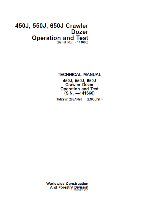 John Deere 450J, 550J, 650J Crawler Dozer Technical Manual (SN. before 141666) Workshop Guide