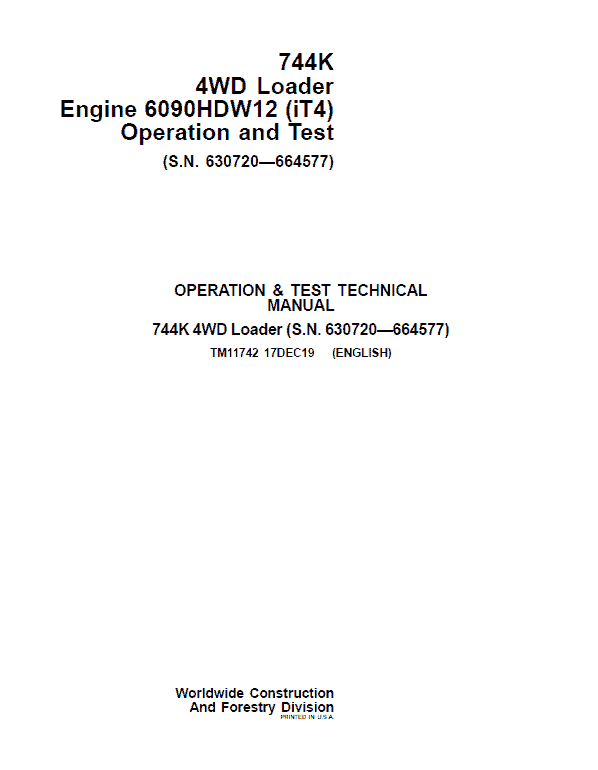 John Deere 744K 4WD Engine 6090HDW12 (iT4) Technical Manual (S.N 630720 – 664577) Workshop Guide