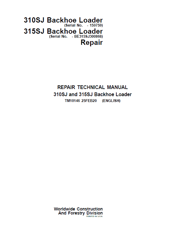 John Deere 310SJ Backhoe Loader Repair Technical Manual (S.N before – 159759) Workshop Guide