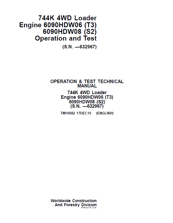 John Deere 744K 4WD Engine T3 & S2 Loader Technical Manual (S.N before – 632967 ) Workshop Guide