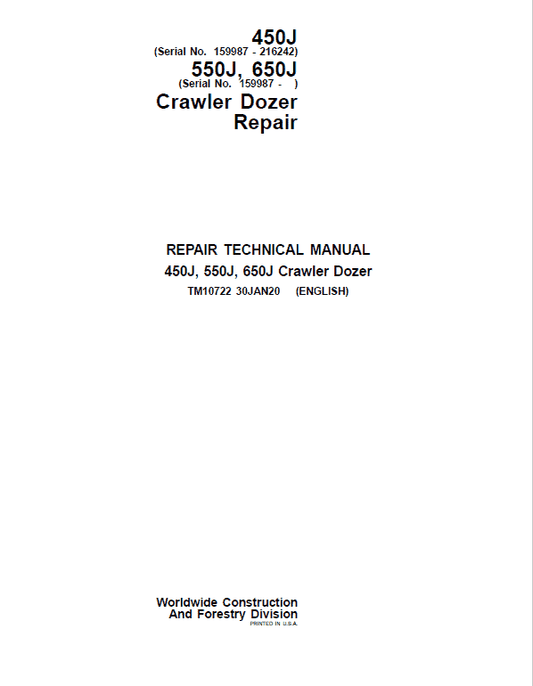 John Deere 450J, 550J, 650J Crawler Dozer Technical Manual (SN. from 159987 -216242) Workshop Guide
