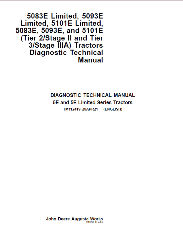 John Deere 5083E, 5093E, 5101E Tractors Repair Technical Manual Workshop Guide