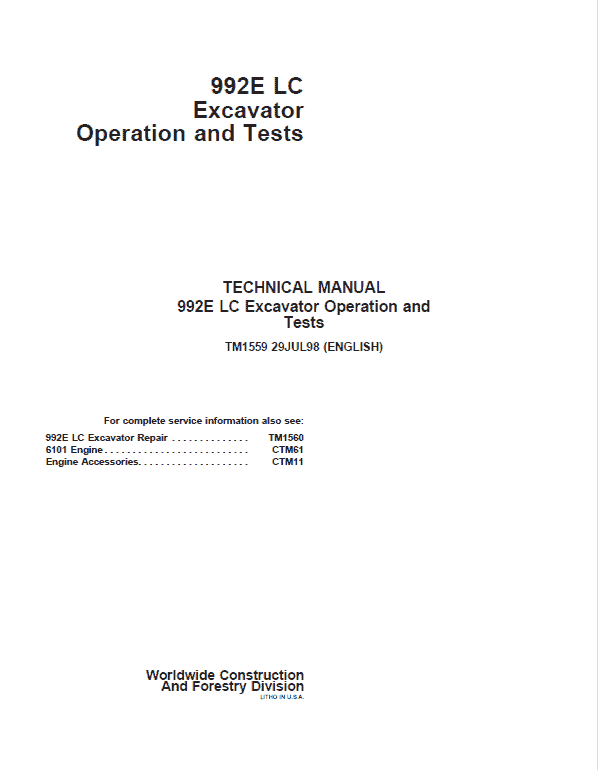 John Deere 992E LC Excavator Repair Technical Manual Workshop Guide
