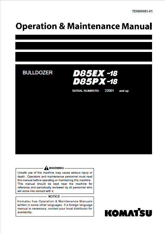 Komatsu D85EX-18, D85PX-18 Dozer Service Manual Workshop Guide