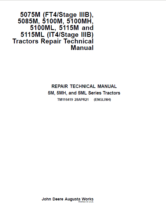 John Deere 5100M, 5100MH, 5100ML, 5115M, 5115ML (IT4) Tractors Repair Manual Workshop Guide