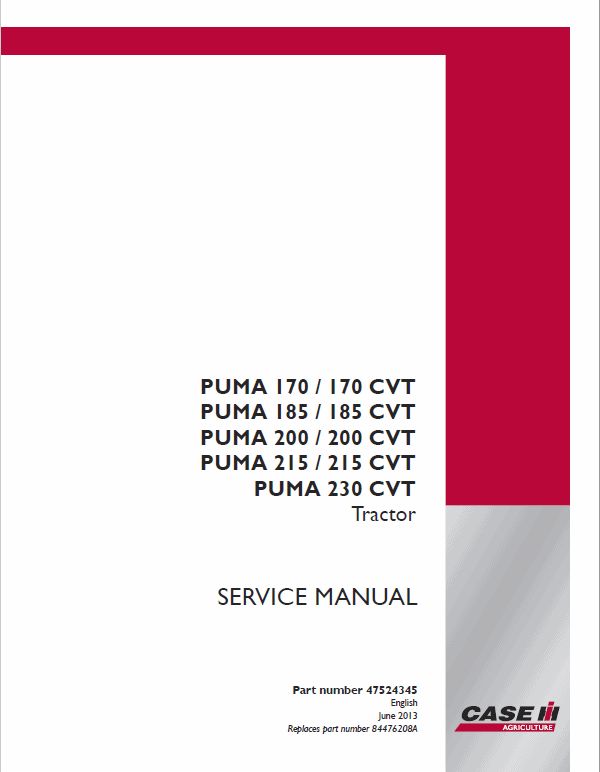 Case Puma 170, 185, 200, 215, 230 CVT Tractor Service Manual Workshop Guide