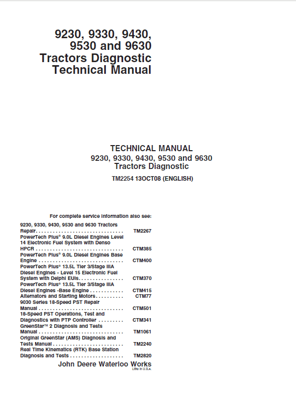 John Deere 9230, 9330, 9430, 9530, 9630 Tractors Repair Technical Manual Workshop Guide