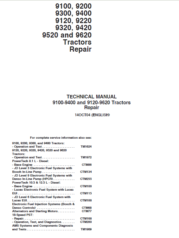 John Deere 9420, 9520, 9620 Tractors Repair Technical Manual Workshop Guide