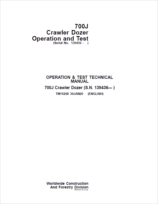 John Deere 700J Crawler Dozer Technical Manual (SN. from 139436) Workshop Guide