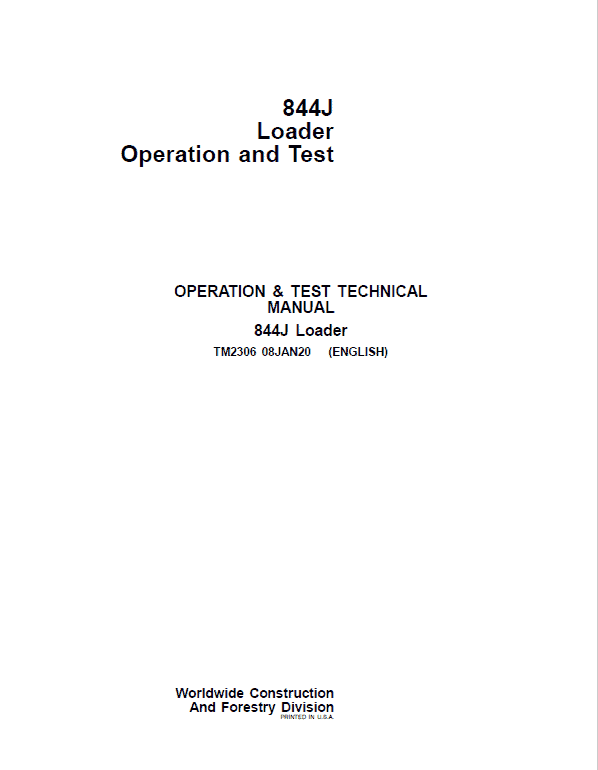 John Deere 844J Loader Repair Technical Manual Workshop Guide
