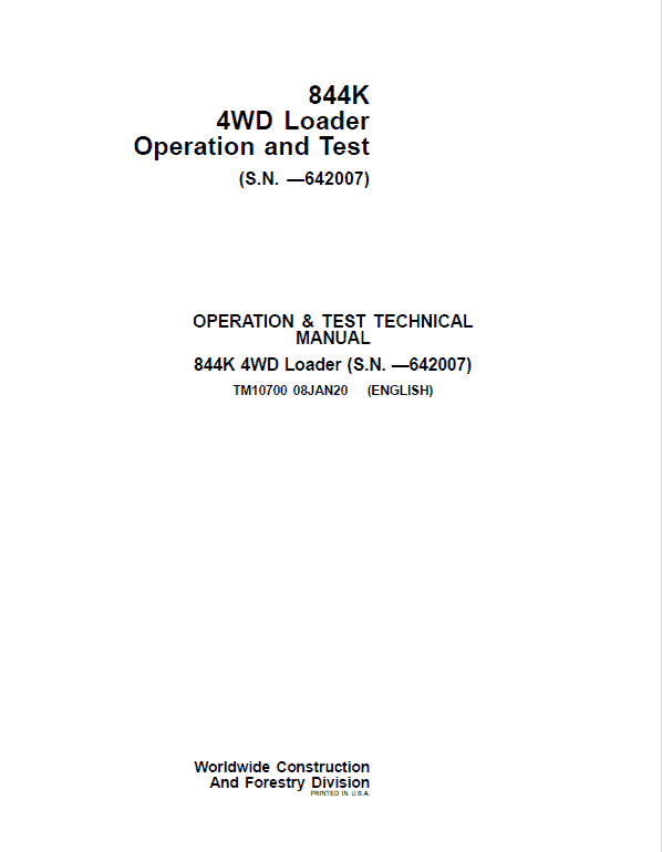 John Deere 844K 4WD Loader Technical Manual (S.N before – 642007) Workshop Guide