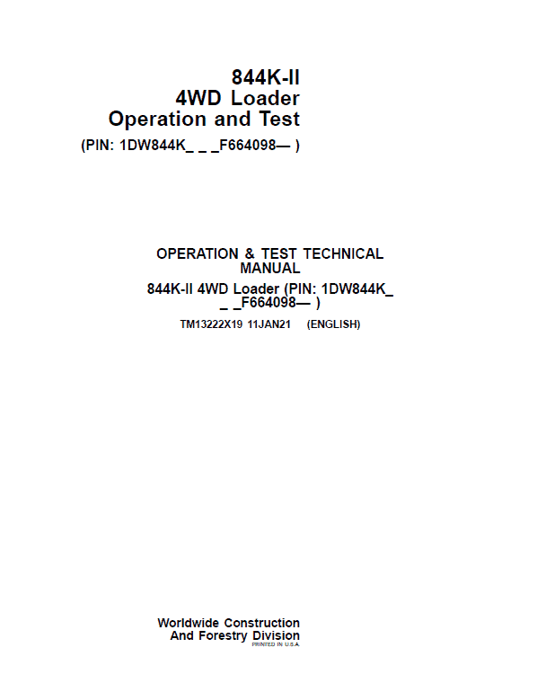 John Deere 844K 4WD Series II Loader Technical Manual (S.N after F664098 -) Workshop Guide