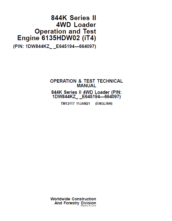 John Deere 844K-II 4WD Engine (iT4) Loader Technical Manual (S.N E645194 – E664097) Workshop Guide