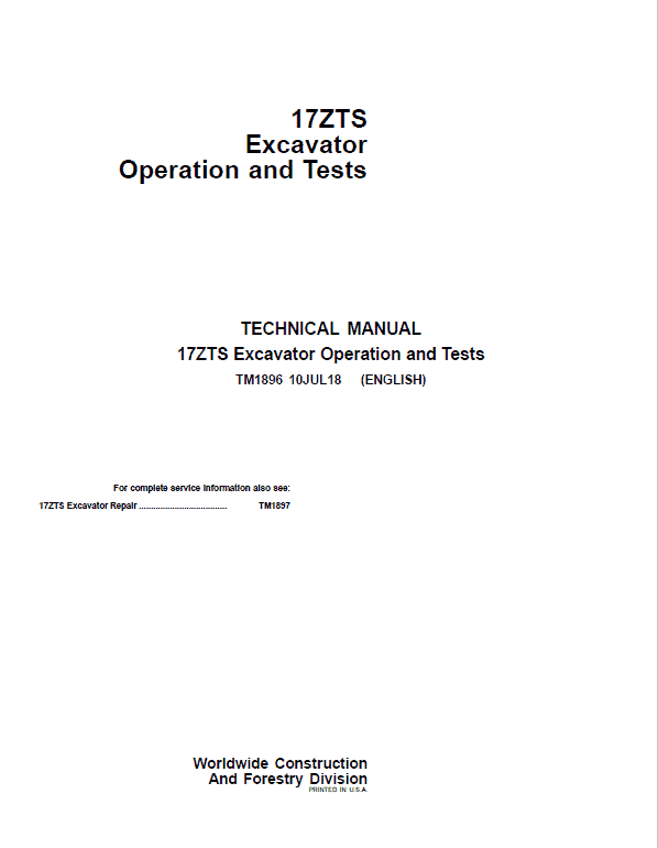 John Deere 17ZTS Excavator Repair Technical Manual Workshop Guide