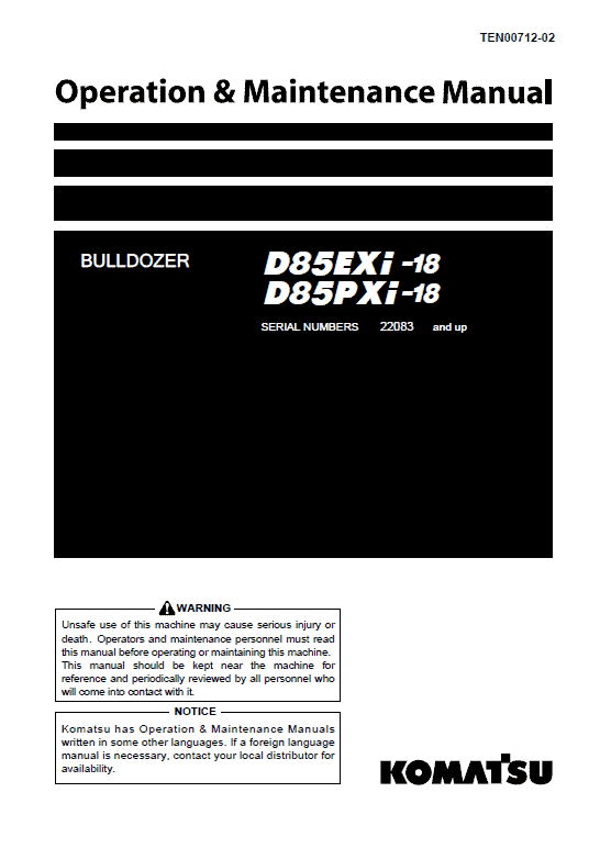 Komatsu D85EXi-18, D85PXi-18 Dozer Service Manual Workshop Guide