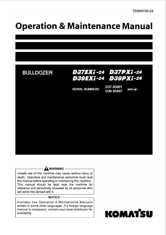 Komatsu D37EXi-24, D37PXi-24, D39EXi-24, D39PXi-24 Dozer Service Manual Workshop Guide