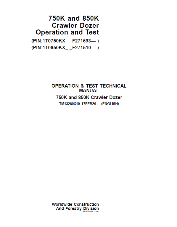 John Deere 750K, 850K Crawler Dozer Technical Manual (SN. from F271510) Workshop Guide