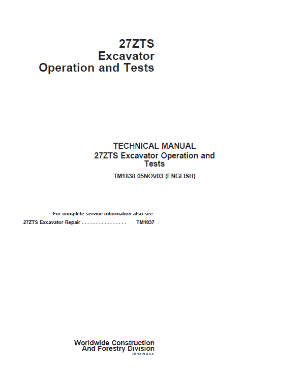 John Deere 27ZTS Excavator Repair Technical Manual Workshop Guide