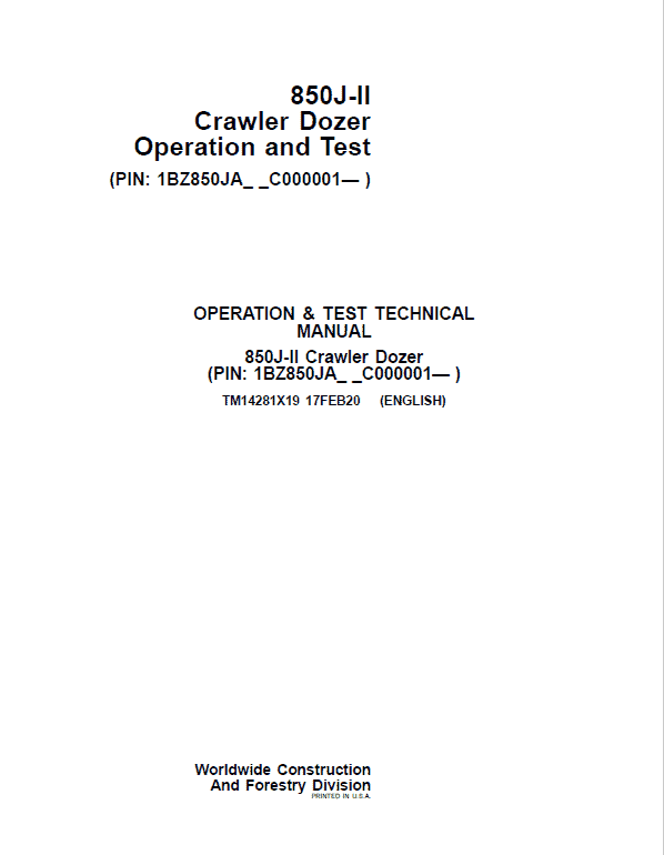 John Deere 850J-II Crawler Dozer Technical Manual (SN. from C000001) Workshop Guide