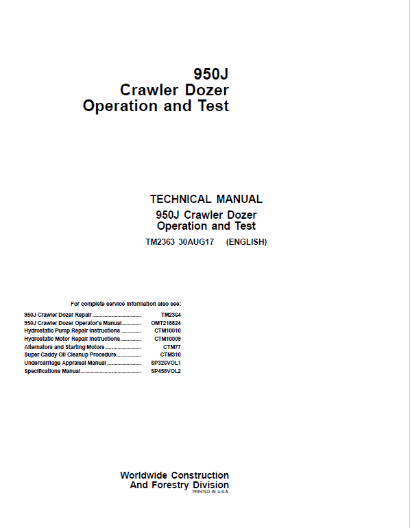 John Deere 950J Crawler Dozer Technical Manual (TM2363 and TM2364) Workshop Guide