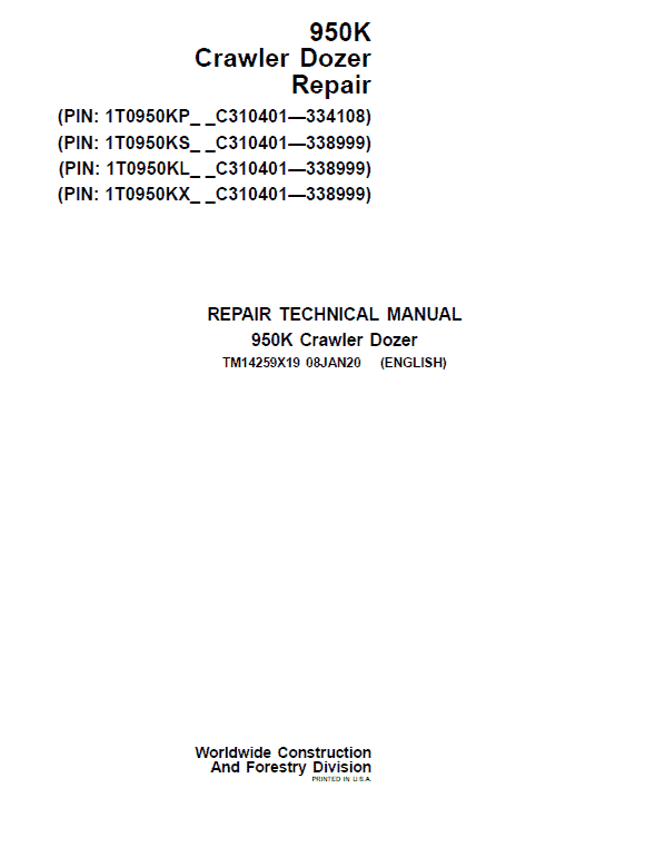 John Deere 950K Crawler Dozer Technical Manual (SN. from C310401 – 338999) Workshop Guide