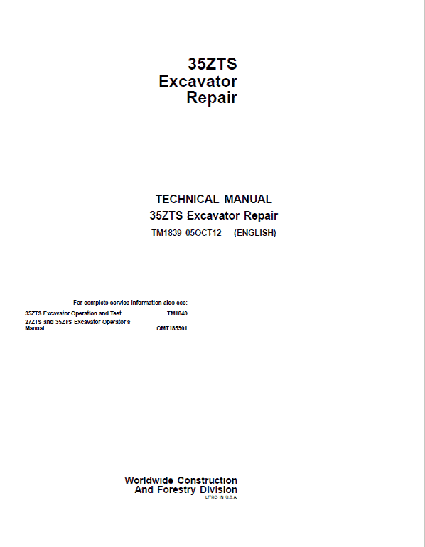 John Deere 35ZTS Excavator Repair Technical Manual Workshop Guide