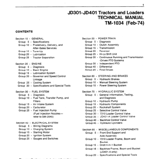 John Deere 301, 401 Tractors and Loaders Technical Manual (TM1034) Workshop Guide