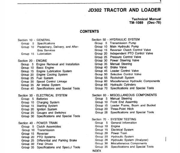 John Deere 302 Tractor and Loader Repair Technical Manual (TM1089) Workshop Guide