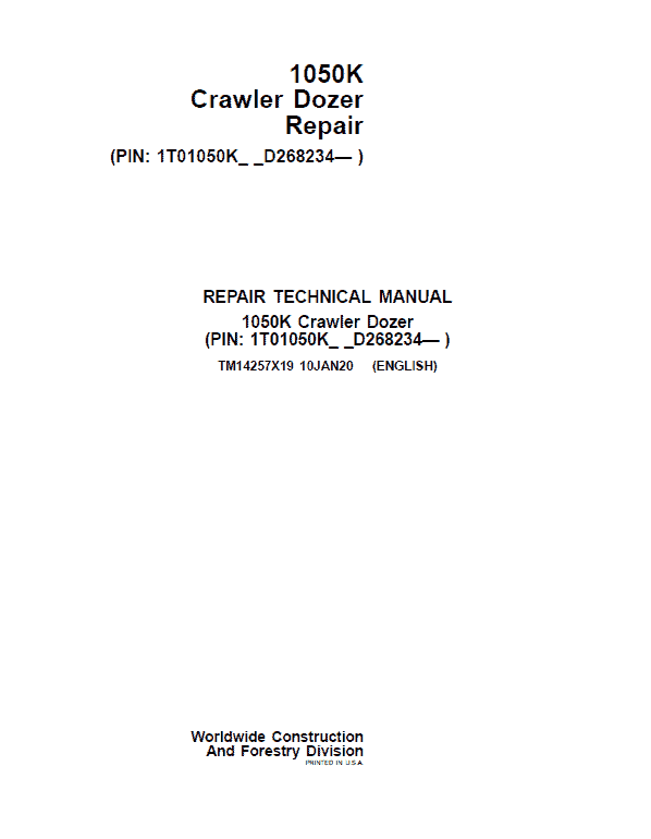 John Deere 1050K Crawler Dozer Technical Manual (SN. from D268234) Workshop Guide