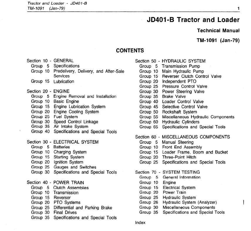 John Deere 401B Tractor and Loader Technical Manual (TM1091) Workshop Guide