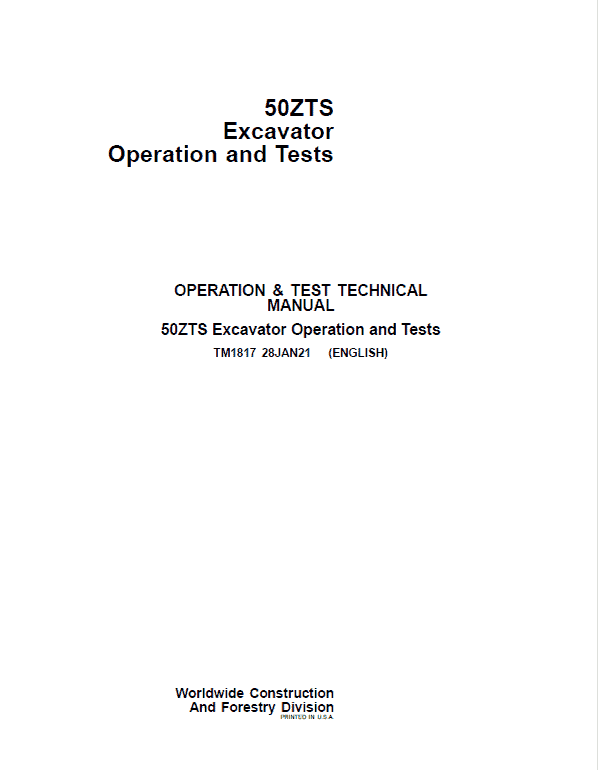 John Deere 50ZTS Excavator Repair Technical Manual Workshop Guide