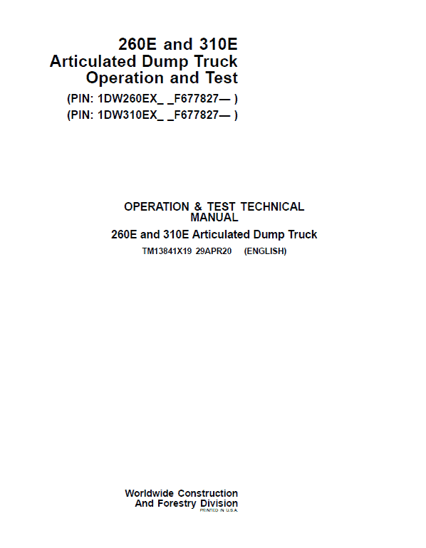 John Deere 260E and 310E Articulated Dump Truck Technical Manual (SN. from F677827) Workshop Guide