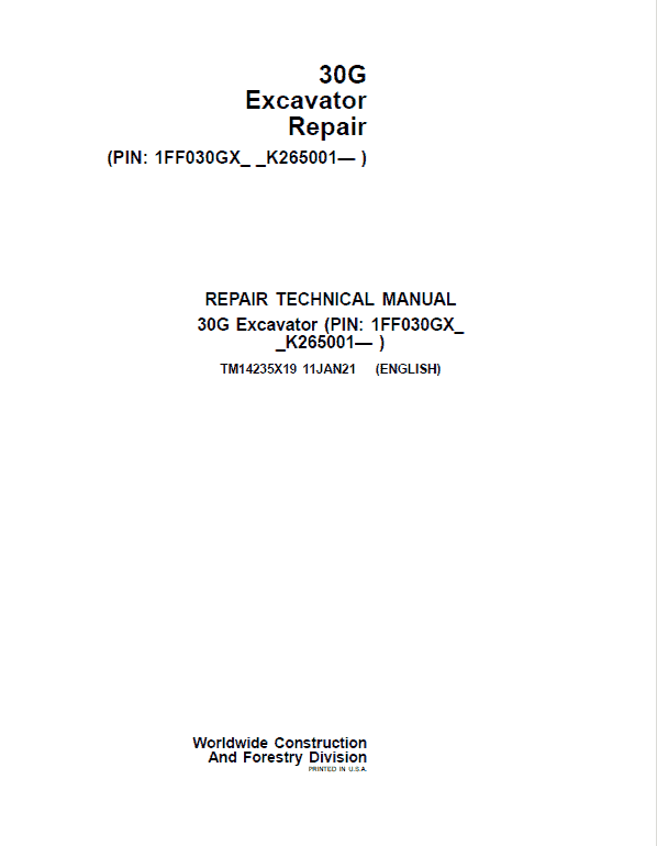 John Deere 30G Excavator Repair Technical Manual (SN. K265001-) Workshop Guide