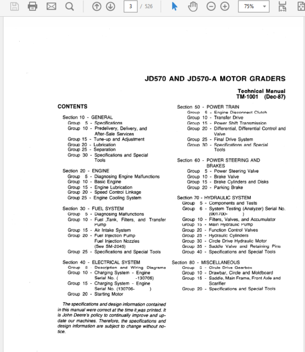 John Deere 570, 570A Motor Grader Repair Technical Manual (TM1001) Workshop Guide