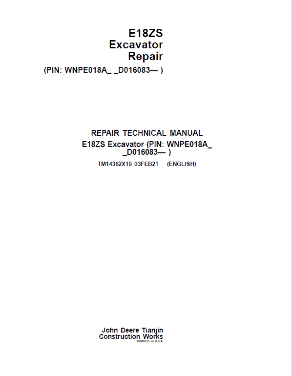 John Deere E18ZS Excavator Repair Technical Manual (SN. D016000 – ) Workshop Guide