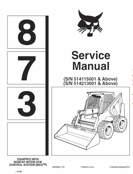 Bobcat 873 Skid-Steer Loader Service Manual Workshop Guide
