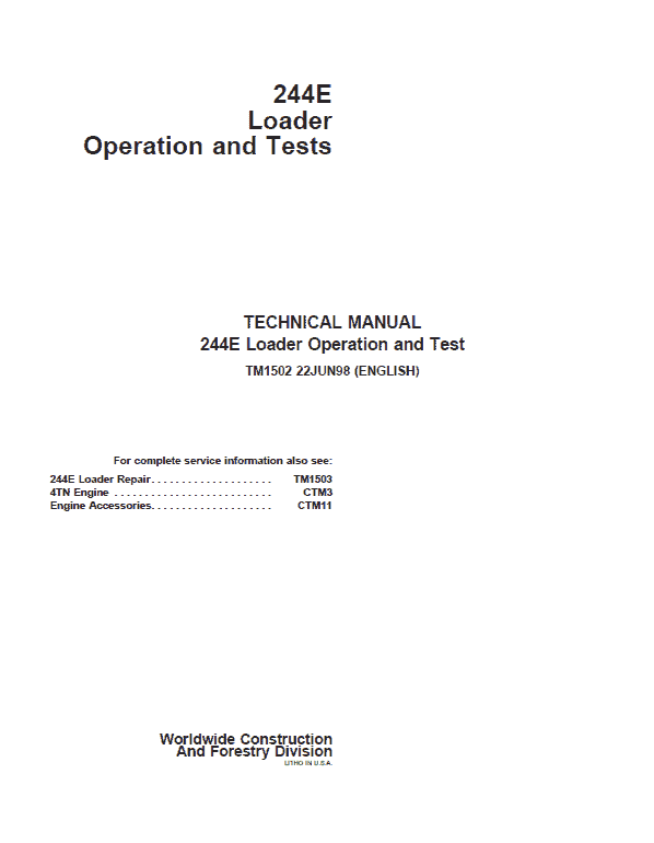 John Deere 244E Loader Repair Technical Manual Workshop Guide