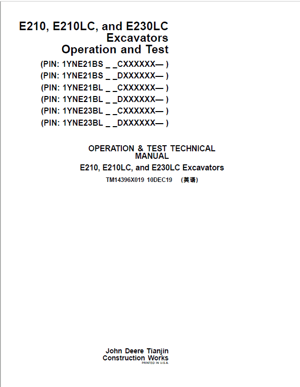 John Deere E210, E210LC, E230LC Excavator Repair Manual (See Applicable Serial) Workshop Guide