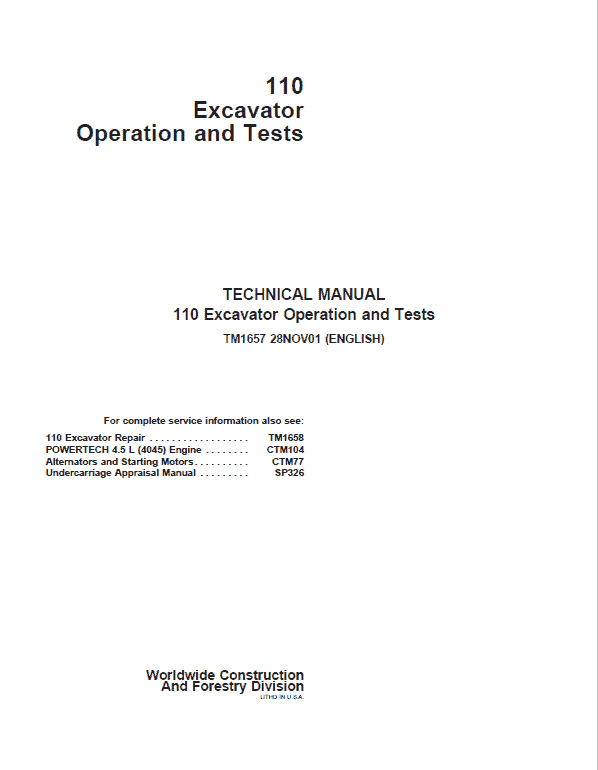 John Deere 110 Excavator Repair Technical Manual Workshop Guide