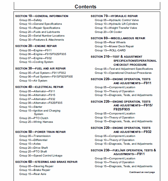 John Deere F911, F912,  F915, F925, F932, F935 Front Mowers Technical Manual Workshop Guide