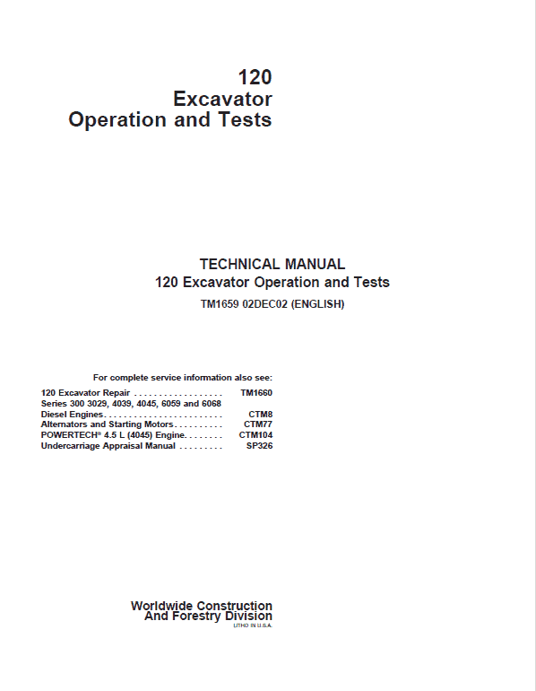 John Deere 120 Excavator Repair Technical Manual Workshop Guide
