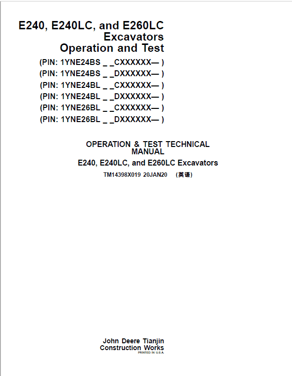 John Deere E240, E240LC, E260LC Excavator Repair Manual (See Applicable Serial) Workshop Guide