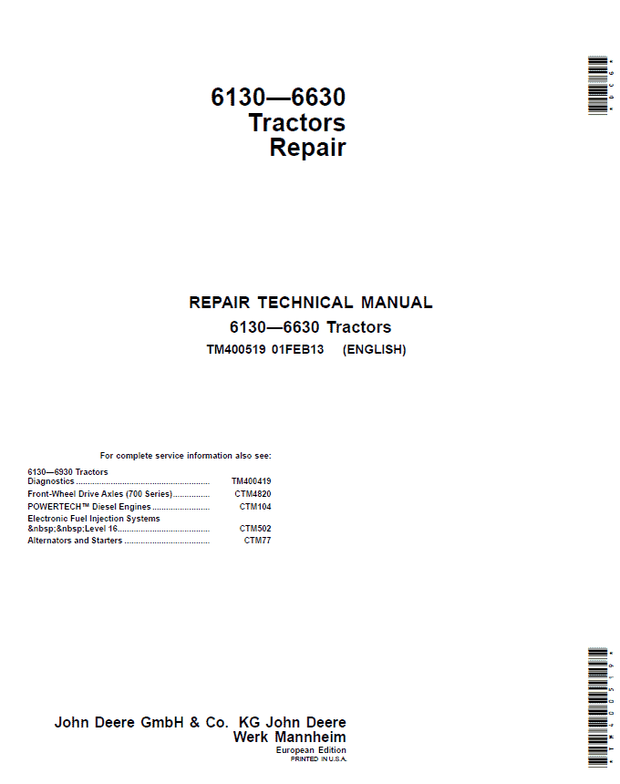 John Deere 6130, 6230, 6330, 6430, 6530, 6534, 6630 Tractors (EU) Service Repair Manual Workshop Guide