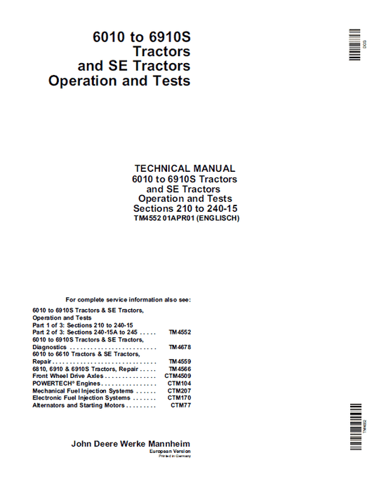 John Deere 6010 SE, 6110 SE, 6210 SE, 6310 SE, 6410 SE, 6510 SE, 6610 SE Tractor Manual Workshop Guide
