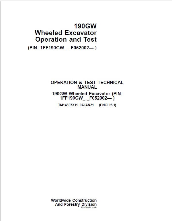 John Deere 190GW Wheeled Excavator Repair Technical Manual (S.N after F052002 -) Workshop Guide
